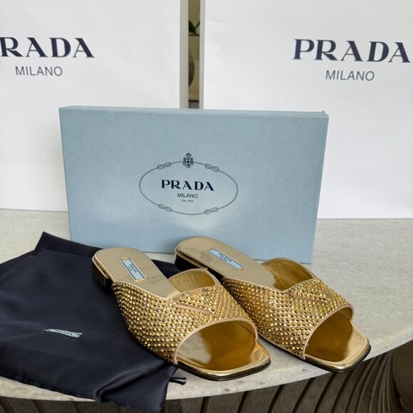 Prada Satin Crystal Embellished Gold Slide Mules Sandals 36, 1XX642 - Picture 12 of 16